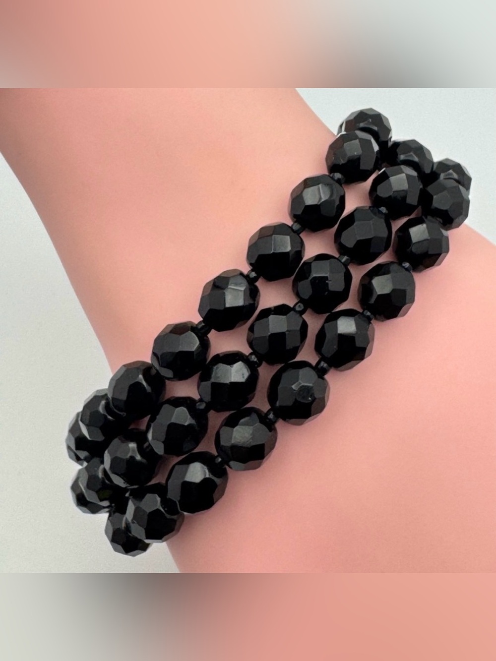 Black Faceted Glass Bead Triple Strand Bracelet 7.5" Gold Tone Clasp